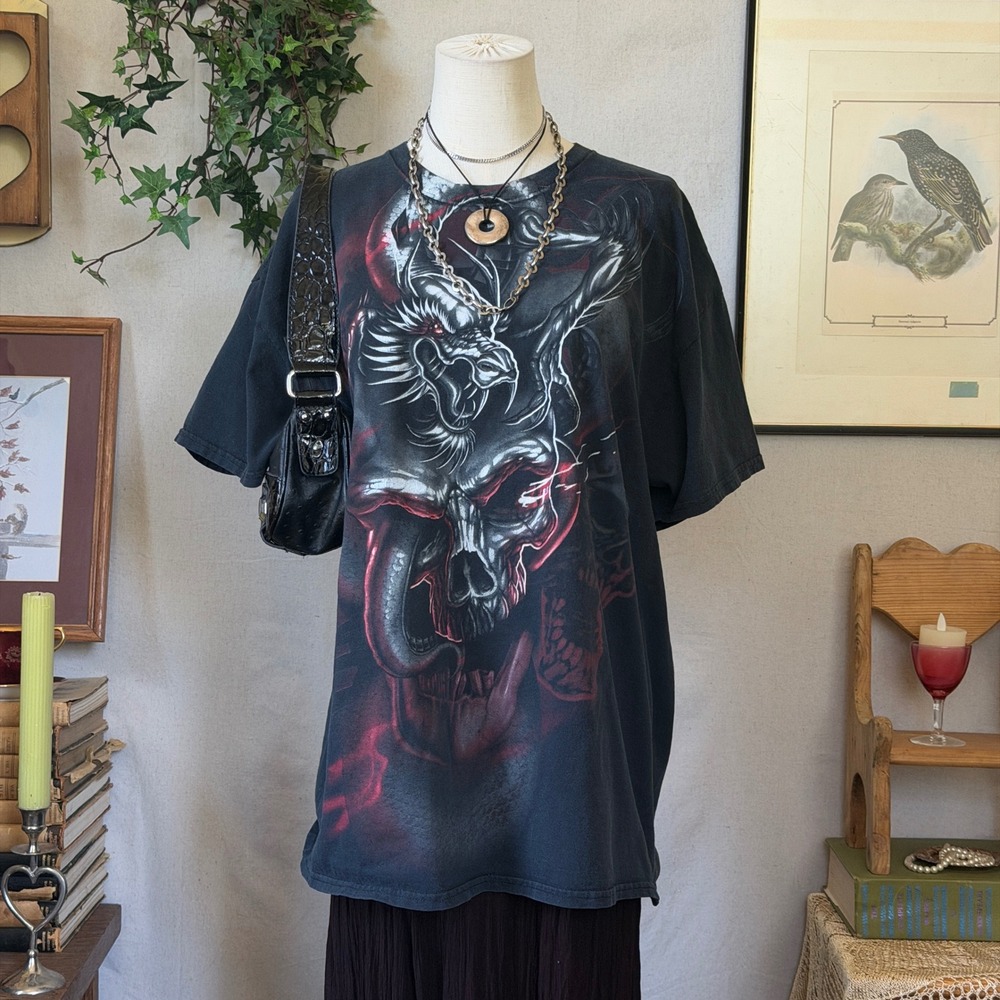 Black Dragon Skull Graphic Tee Goth Biker Y2K XL Oversized Layering Grunge